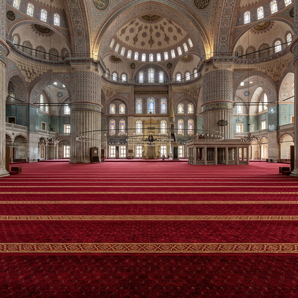 Kırmızı desenli yün cami halısı - fabrika üretimi