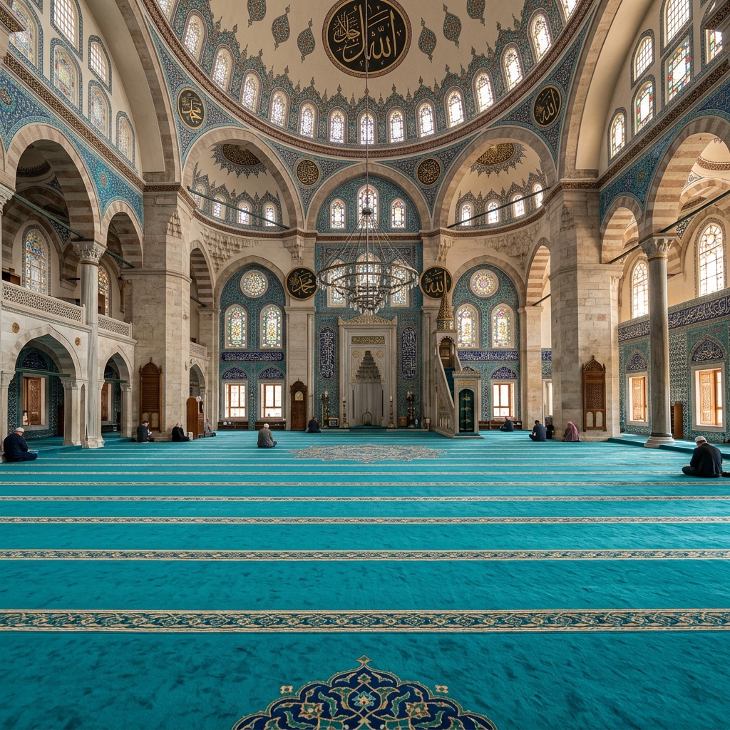 Turkuaz desenli cami halısı - cami içi görünüm